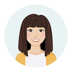 Female avatar, brunette woman portrait. Vector illustration of a female character in a modern color style
