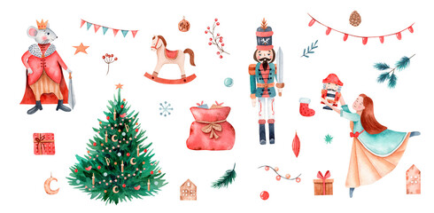 Christmas Nutcracker ballet watercolor Illustration set. Christmas toys, ballerina, soldier, mouse, Christmas tree and decor cliparts. © dariautumn