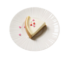 classic cheesecake on a plate, isolated on a white background