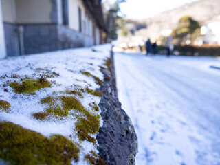 冬の雪道　日本家屋の苔むした塀の上にかぶさる雪