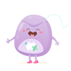 Cute dental floss character with funny happy face, kawaii tooth care product, hygiene