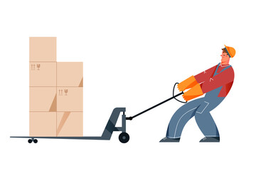 Warehouse worker pulling cart with stack of boxes, loader pushing trolley with effort © backup_studio