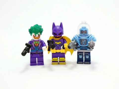 Joker, Catwoman and Mr Freeze. Lego Marvel. Villain. Arthur Fleck. Selina Kyle. Batman and Robin enemy. Arch enemy. Clown. Cat. Evil laugh. Toy figure. Toy Classic. Marvel. DC comics. Isolated white.