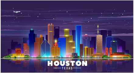 Houston Texas (USA) night city skyline vector illustration on sky background. Business travel and tourism concept with old and modern buildings. Image for presentation, banner, website.