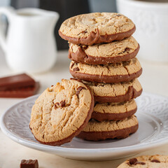 Homemade cookies with chocolate chunks and peanut butter.  A stack of biscuits in a white plate, a coffee pot and a cup on the table. Selective focus,  square picture