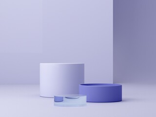 Abstract minimal scene with geometrical forms. Cylinder podiums in Very Peri color. Abstract background. Scene to show cosmetic podructs. Showcase, shopfront, display case. 3d render. 