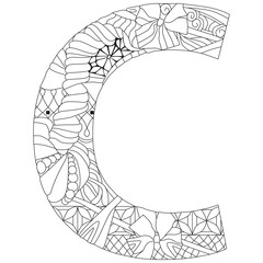 Letter C monogram for coloring, engraving design. Vector illustration.