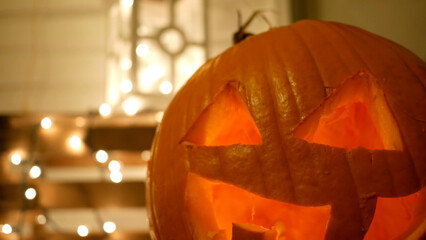 Close Up of Jack-O-Lantern Near Halloween