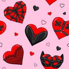 Seamless background: hearts in costume. Mask, bondage, corset, shibari, lace, collar. Template for love content. Vector illustration. Print, poster, t-shirt, card. 