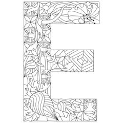 Letter E monogram for coloring, engraving design. Vector illustration.