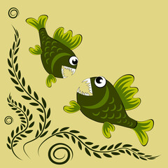 predatory evil piranha fish. Fabulous underwater world. Styling, cartoon style