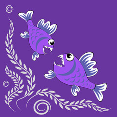 predatory evil piranha fish. Fabulous underwater world. Styling, cartoon style