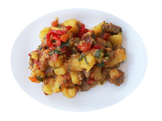 vegetable stew with meat on a white plate isolated