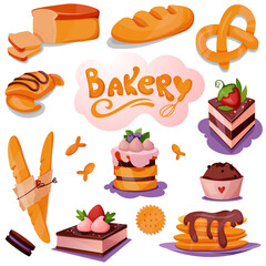 Vector elements for use on the bakery theme in a cute cartoon style. Use for postcards flyers web pages