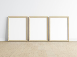 Three wooden frames mockup, poster mockup, print mockup, 3d render