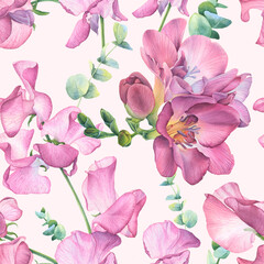 

Seamless pattern with beautiful flowers. Freesia, sweet peas, eucalyptus. Hand drawn watercolor illustration. Image for wallpaper, postcards, textiles, wrapping paper. Romantic style, floral theme.