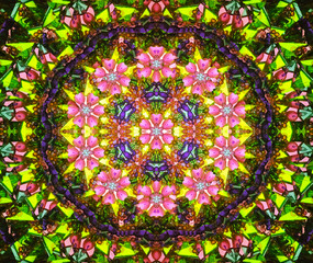 Seamless mosaic pattern. Geometrical abstract ornament with the stars, gems, floral. Abstract kaleidoscope background. Beautiful, seamless. Colorful mosaic texture, ethnic pattern.