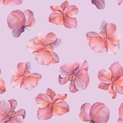 Watercolor seamless pattern of orchid flowers. Abstract background for design, wallpapers, wrapping paper. Orchid flowers ornament on a bright background.