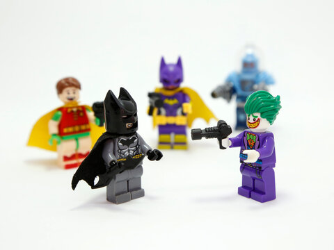 Batman and Joker. Robin, Catwoman, Mr Freeze. Lego toys. Bat superhero. The knight of the night. Toy figure. Toys Classic super hero who flies. Marvel. DC comics. Isolated white. Arch enemy. 