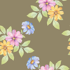 Watercolor flower prints with leaves repeating seamless pattern. Digital hand-drawn picture of flowers with a watercolor texture. endless motif for textile decor, wallpaper, packaging and design