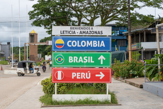 "Welcome to Leticia, Amazon. Colombia Brazil Peru".Leticia in the Amazon, Colombian town on the border with Brazil and Peru. The city with 3 borders.
