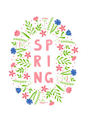 Hand drawn spring lettering text with flowers. Lettering spring season for greeting card, invitation template, poster and banner