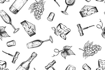 Seamless pattern of winery stuff, monochrome vector illustration