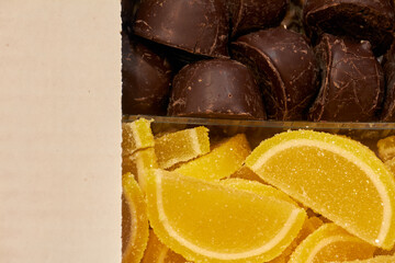 panorama close up a background from colorful sweets of sugar candies and marmalade. assortment candies panoramic view