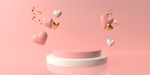 Hearts with podium - Appreciation and love theme - 3D render