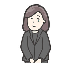 涙を見せながら微笑む黒い服の女性のイラスト