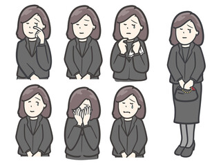 ブラックフォーマルを着た女性の悲しみの表情セット