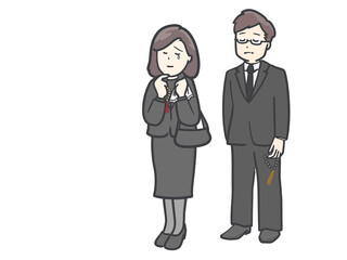 ブラックフォーマルで数珠を持った悲しみの表情の男女のイラスト