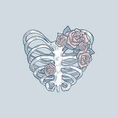 Skeleton heart with roses, vector illustration