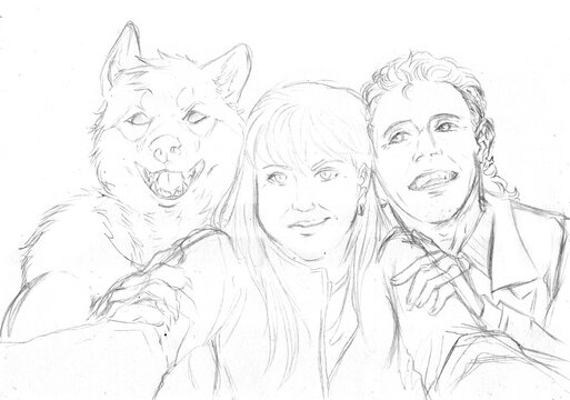 Illustration of a girl with fringe taking a selfie with an anthropomorphic dog and a smiling man