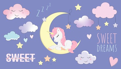 Modern vector collection of stickers for children Sweet dreams. Set of colorful cute stickers with unicorn on the moon, clouds, stars and sweet dreams text for bedrooms decoration, diary, planner