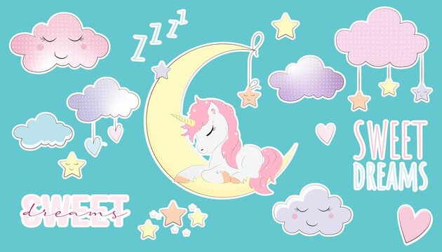 Modern vector collection of stickers for children Sweet dreams. Set of colorful cute stickers with unicorn on the moon, clouds, stars and sweet dreams text for bedrooms decoration, diary, planner