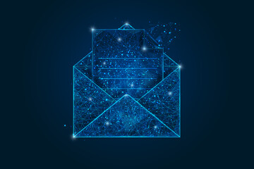 Abstract isolated image of a letter, mail or message. Polygonal illustration looks like stars in the blask night sky in spase or flying glass shards. Digital design for website, web, internet. - obrazy, fototapety, plakaty