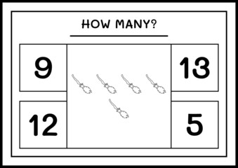 How many Broom Magic, game for children. Vector illustration, printable worksheet