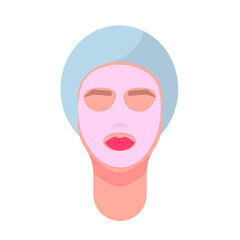 Woman's face with a cosmetic mask. Head and neck of a girl. Vector illustration, flat minimal cartoon color design, isolated on white background, eps 10.