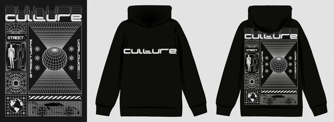 Modern poster with text "Street Culture". In Techno style, stylish print for streetwear, print for t-shirts and hoodies, isolated on black background