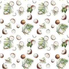 coconuts tropical palm leaves floral drawing watercolor illustration background pattern pattern