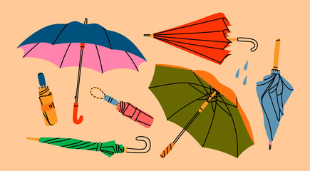 Set of different Umbrellas in various positions. Open and folded umbrellas. Hand drawn colored Vector illustration. Cartoon style. Design templates. All elements are isolated © Dariia