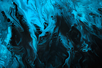 Fototapeta Fluid Art. Blue abstract wave swirls on black background. Marble effect background or texture obraz