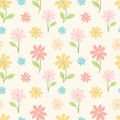 Floral seamless pattern with colorful simple flower in pastel colors.