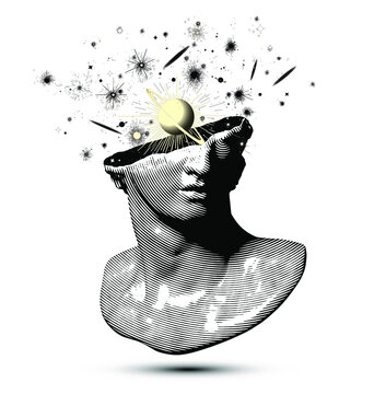 Vector black and white circle halftone broken classical style head sculpture fragment from 3d rendering with planets and galaxies exploding from the broken side isolated on white background. 