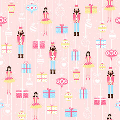 Christmas seamlesss pattern with nutcracker character and ballerina on light pink background with gift boxes, xmas balls