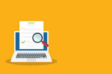 Fototapeta premium Online digital document inspection or assessment evaluation on laptop computer, contract review, analysis, inspection of agreement contract, compliance verification. Vector illustration 