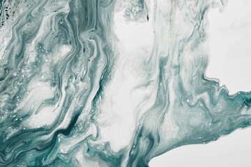 Fluid Art. Liquid transparent white and green abstract paint drips and wave. Marble effect background or texture