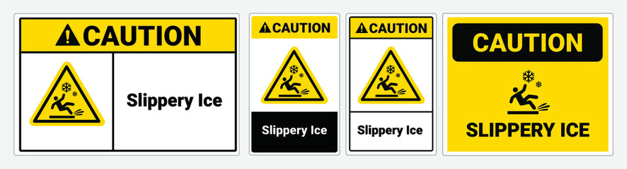 Caution Slippery Ice Vector sign. Yellow triangle symbol. - obrazy, fototapety, plakaty