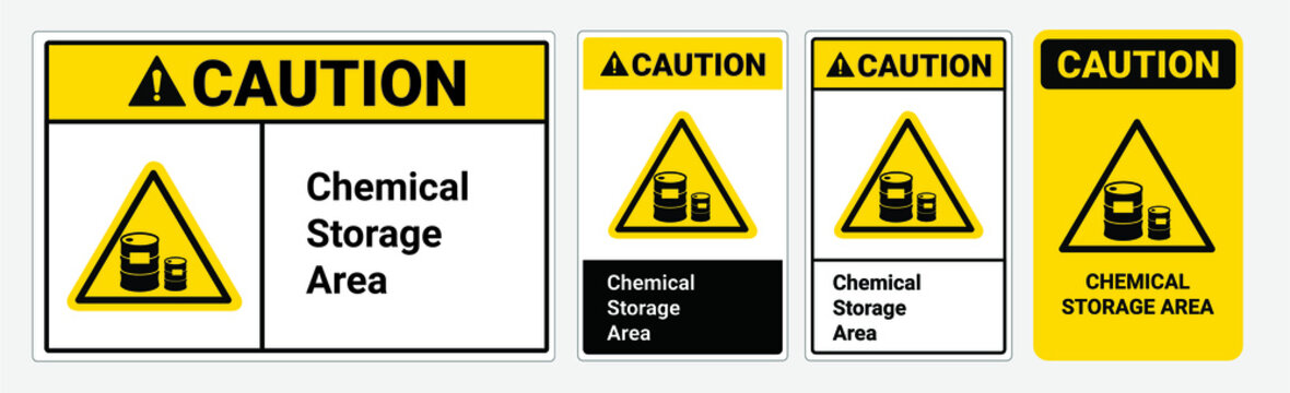 Caution Chemical storage area sign. Yellow triangle symbol.
